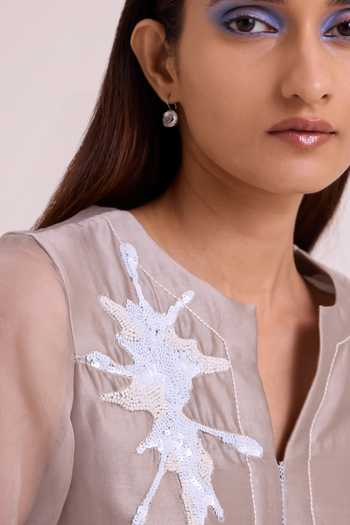 MADDER MUCH_Grey Chanderi Silk Notched Neck Gracie Graphite And Fern Dress _at_Aza_Fashions