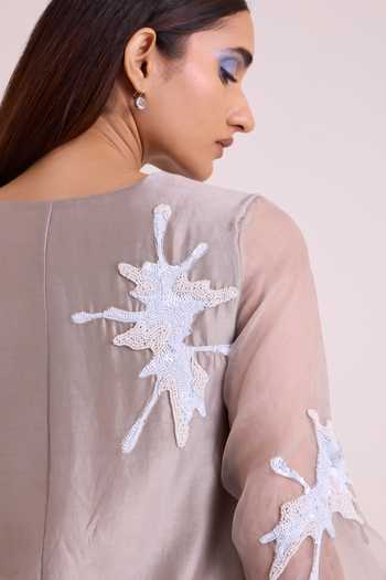 Buy_MADDER MUCH_Grey Chanderi Silk Notched Neck Gracie Graphite And Fern Dress 