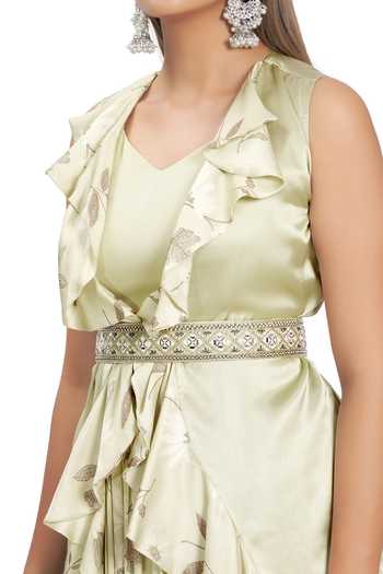 Vana Ethnics_Green Satin, Viscose Beads, Cut Work, Mirrors, Ruffle Jacket And Lehenga Set For Kids_Online_at_Aza_Fashions