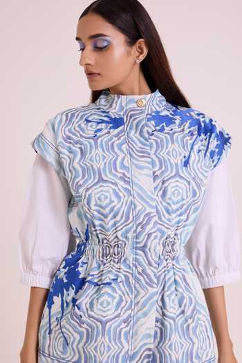 MADDER MUCH_White Cotton, Poplin, Denim Mandarin Sarabi Peace Rock Jacket With Chalk Dress _Online_at_Aza_Fashions