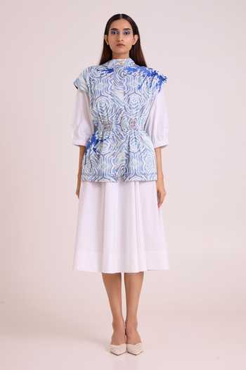Shop_MADDER MUCH_White Cotton, Poplin, Denim Mandarin Sarabi Peace Rock Jacket With Chalk Dress _Online_at_Aza_Fashions