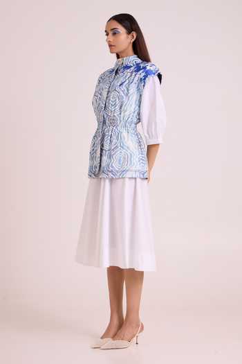 MADDER MUCH_White Cotton, Poplin, Denim Mandarin Sarabi Peace Rock Jacket With Chalk Dress _at_Aza_Fashions