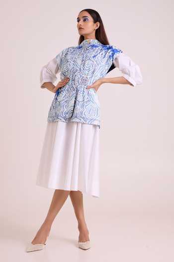 Buy_MADDER MUCH_White Cotton, Poplin, Denim Mandarin Sarabi Peace Rock Jacket With Chalk Dress 