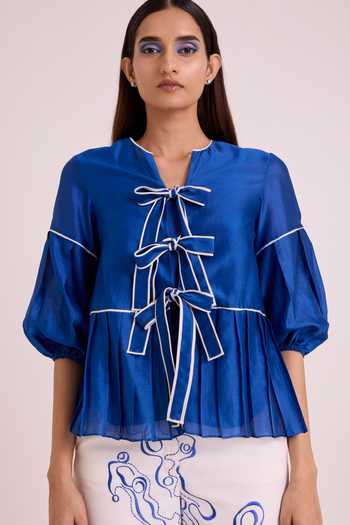 Shop MADDER MUCH Blue Chanderi Silk, Linen, Satin, Cotton, Denim Mikel Tides Top And Pant Set Online at Aza Fashions Shop_MADDER MUCH_Blue Chanderi Silk, Linen, Satin, Cotton, Denim Mikel Tides Top And Pant Set _Online_at_Aza_Fashions