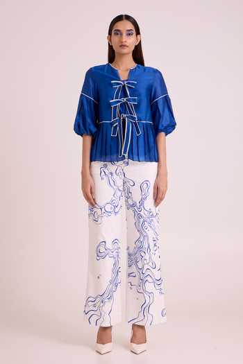 MADDER MUCH Blue Chanderi Silk, Linen, Satin, Cotton, Denim Mikel Tides Top And Pant Set at Aza Fashions MADDER MUCH_Blue Chanderi Silk, Linen, Satin, Cotton, Denim Mikel Tides Top And Pant Set _at_Aza_Fashions