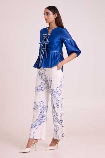Buy MADDER MUCH Blue Chanderi Silk, Linen, Satin, Cotton, Denim Mikel Tides Top And Pant Set Buy_MADDER MUCH_Blue Chanderi Silk, Linen, Satin, Cotton, Denim Mikel Tides Top And Pant Set