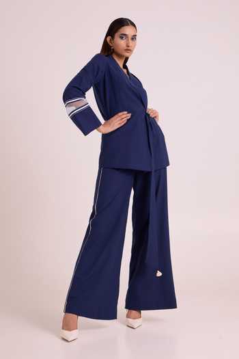 MADDER MUCH_Blue , Handloom Danube Midnight Moon Blazer And Pant Set _Online_at_Aza_Fashions