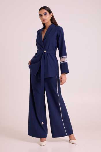 Shop_MADDER MUCH_Blue , Handloom Danube Midnight Moon Blazer And Pant Set _Online_at_Aza_Fashions