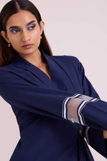 MADDER MUCH_Blue , Handloom Danube Midnight Moon Blazer And Pant Set _at_Aza_Fashions