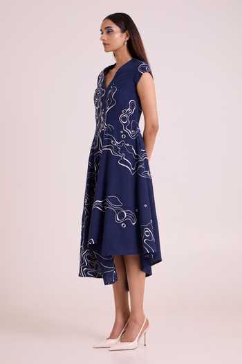 Shop_MADDER MUCH_Blue Handloom Cotton V-neck Indigo Perito Drift Midi Dress _Online_at_Aza_Fashions
