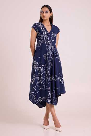 MADDER MUCH_Blue Handloom Cotton V-neck Indigo Perito Drift Midi Dress _at_Aza_Fashions