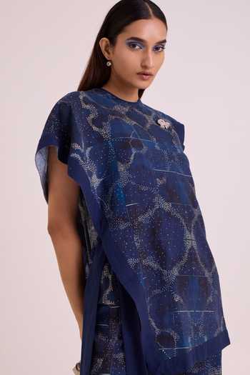 MADDER MUCH_Blue Linen Round Neck Austin Midnight Breeze Top And Pant Set _Online_at_Aza_Fashions