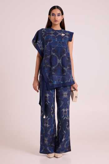 MADDER MUCH_Blue Linen Round Neck Austin Midnight Breeze Top And Pant Set _at_Aza_Fashions