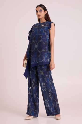 Buy_MADDER MUCH_Blue Linen Round Neck Austin Midnight Breeze Top And Pant Set 