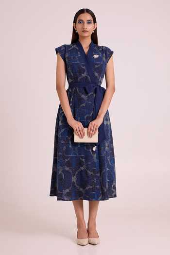 MADDER MUCH_Blue Linen Shawl Neck Tarni Midnight Shoreline Dress _Online_at_Aza_Fashions
