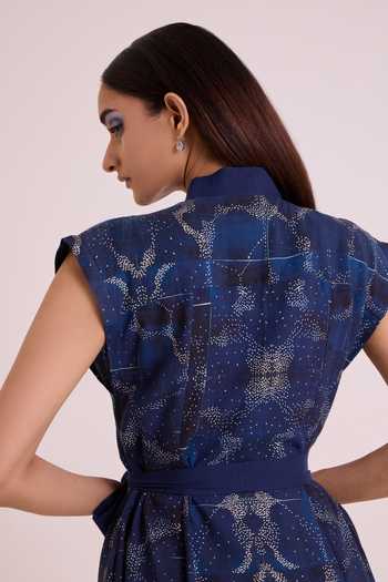 Buy_MADDER MUCH_Blue Linen Shawl Neck Tarni Midnight Shoreline Dress _Online_at_Aza_Fashions