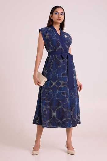 Shop_MADDER MUCH_Blue Linen Shawl Neck Tarni Midnight Shoreline Dress _Online_at_Aza_Fashions