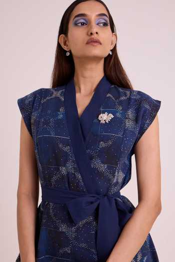 MADDER MUCH_Blue Linen Shawl Neck Tarni Midnight Shoreline Dress _at_Aza_Fashions
