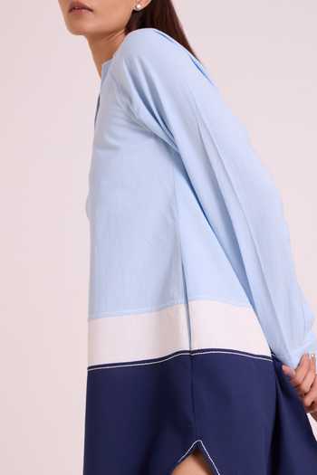 MADDER MUCH_Blue Handloom Cotton Open Neck Harbour Beach Short Dress _Online_at_Aza_Fashions