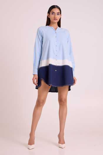 Buy_MADDER MUCH_Blue Handloom Cotton Open Neck Harbour Beach Short Dress _Online_at_Aza_Fashions