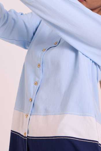 MADDER MUCH_Blue Handloom Cotton Open Neck Harbour Beach Short Dress _at_Aza_Fashions