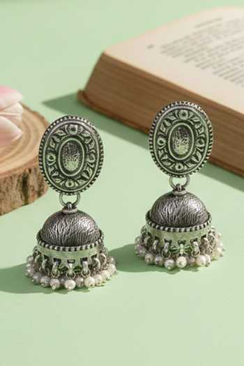 Sangeeta Boochra Oxidised Carved Jhumka Earrings 