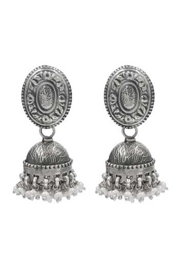 Sangeeta Boochra Oxidised Carved Jhumka Earrings 