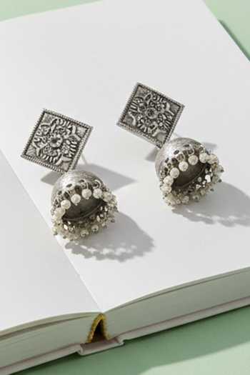 Sangeeta Boochra Handcrafted Oxidised Silver Drop Jhumkas 