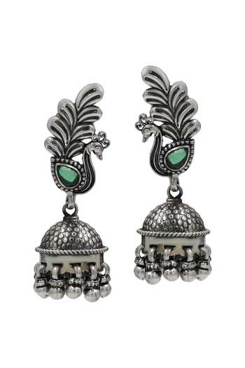 Sangeeta Boochra Peacock Motif Oxidised Jhumka Earrings 