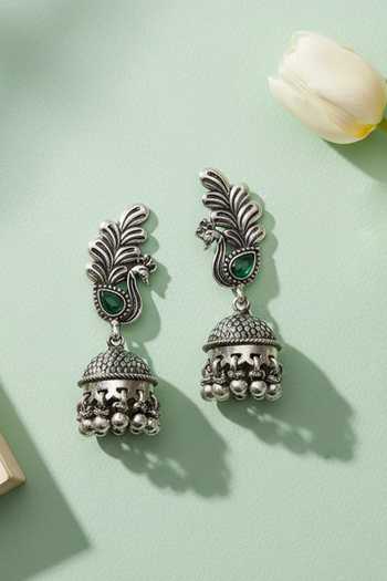 Sangeeta Boochra Peacock Motif Oxidised Jhumka Earrings 