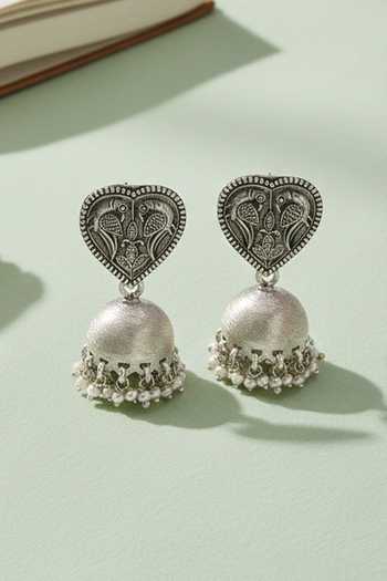 Sangeeta Boochra Traditional Heart Motif Silver Dangler Jhumkas 