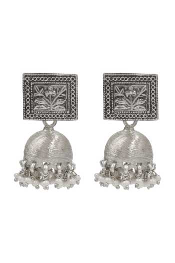 Sangeeta Boochra Floral Engraved Oxidised Jhumka Earrings 