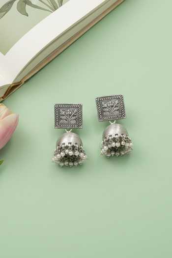Sangeeta Boochra Floral Engraved Oxidised Jhumka Earrings 