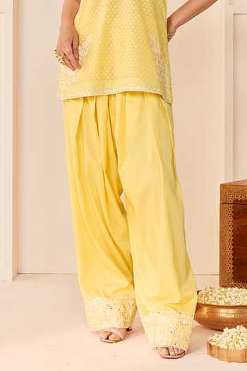 Sheetal Batra_Yellow , Chanderi, Cotton, Miral Lemon Short Kurta Farshi Salwar Set _Online_at_Aza_Fashions