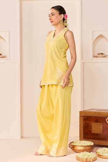 Buy_Sheetal Batra_Yellow , Chanderi, Cotton, Miral Lemon Short Kurta Farshi Salwar Set _Online_at_Aza_Fashions