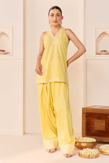 Shop_Sheetal Batra_Yellow , Chanderi, Cotton, Miral Lemon Short Kurta Farshi Salwar Set _Online_at_Aza_Fashions