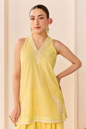 Sheetal Batra_Yellow , Chanderi, Cotton, Miral Lemon Short Kurta Farshi Salwar Set _at_Aza_Fashions