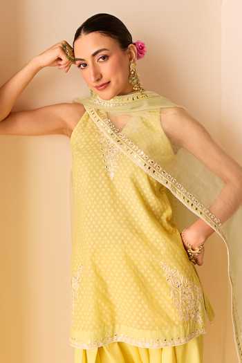 Shop_Sheetal Batra_Yellow , Chanderi, Cotton, Miral Lemon Short Kurta Farshi Salwar Set 