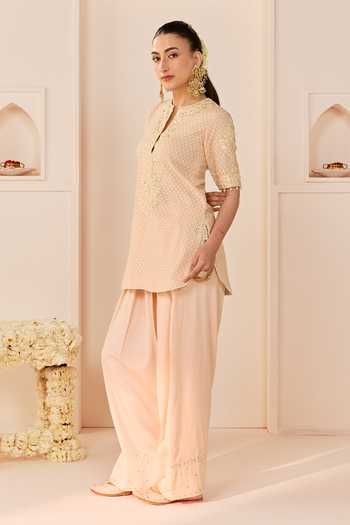 Shop_Sheetal Batra_Pink Chanderi Silk, Cotton, Silk, Anaisha Carnation Short Kurta Salwar Set _Online_at_Aza_Fashions