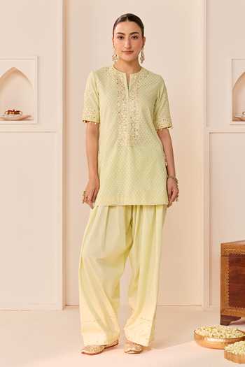 Buy_Sheetal Batra_Green Chanderi Silk, Silk, Cotton, Anaisha Mint Short Kurta Farshi Salwar Set _Online_at_Aza_Fashions