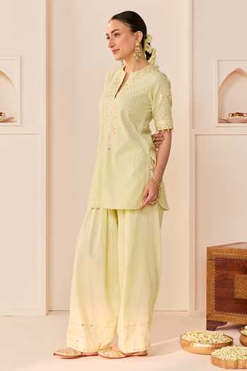 Shop_Sheetal Batra_Green Chanderi Silk, Silk, Cotton, Anaisha Mint Short Kurta Farshi Salwar Set _Online_at_Aza_Fashions