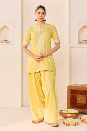 Buy_Sheetal Batra_Yellow Silk, , Silk, Cotton, Anaisha Lemon Short Kurta Set _Online_at_Aza_Fashions