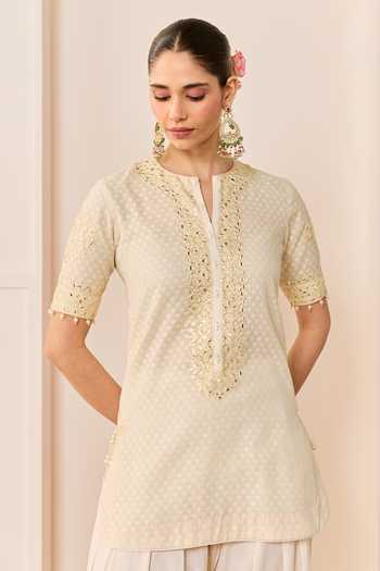 Buy_Sheetal Batra_Ivory Chanderi , Organza, Cotton Anaisha Embroidered Short Kurta Set _Online_at_Aza_Fashions