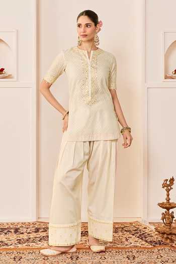 Shop_Sheetal Batra_Ivory Chanderi , Organza, Cotton Anaisha Embroidered Short Kurta Set _Online_at_Aza_Fashions