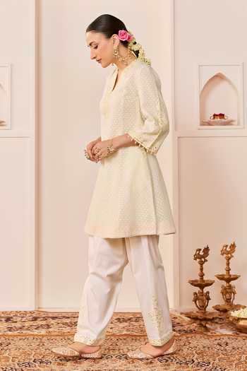Buy Sheetal Batra Ivory Chanderi , Cotton, Reem Daisy Short Choga Kurta Salwar Set Online at Aza Fashions Buy_Sheetal Batra_Ivory Chanderi , Cotton, Reem Daisy Short Choga Kurta Salwar Set _Online_at_Aza_Fashions