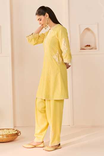 Sheetal Batra_Yellow Chanderi , Cotton, Organza Reem Lemon Short Kurta Salwar Set _Online_at_Aza_Fashions