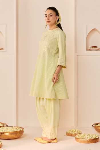 Sheetal Batra_Green Chanderi , Cotton, Organza High Nida Mint Short Choga Kurta Set _Online_at_Aza_Fashions