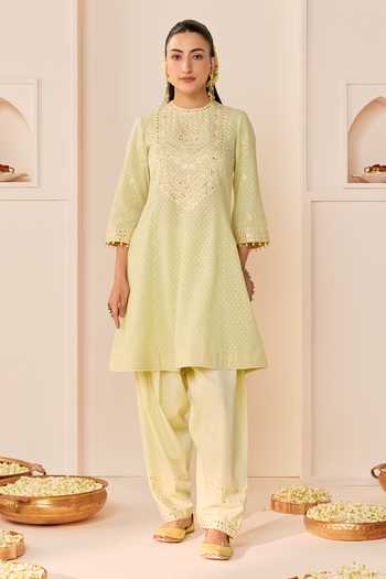 Buy_Sheetal Batra_Green Chanderi , Cotton, Organza High Nida Mint Short Choga Kurta Set _Online_at_Aza_Fashions