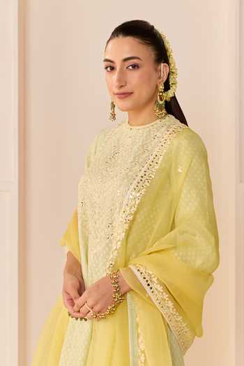 Shop_Sheetal Batra_Green Chanderi , Cotton, Organza High Nida Mint Short Choga Kurta Set _Online_at_Aza_Fashions