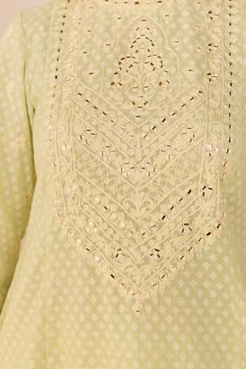 Sheetal Batra_Green Chanderi , Cotton, Organza High Nida Mint Short Choga Kurta Set _at_Aza_Fashions
